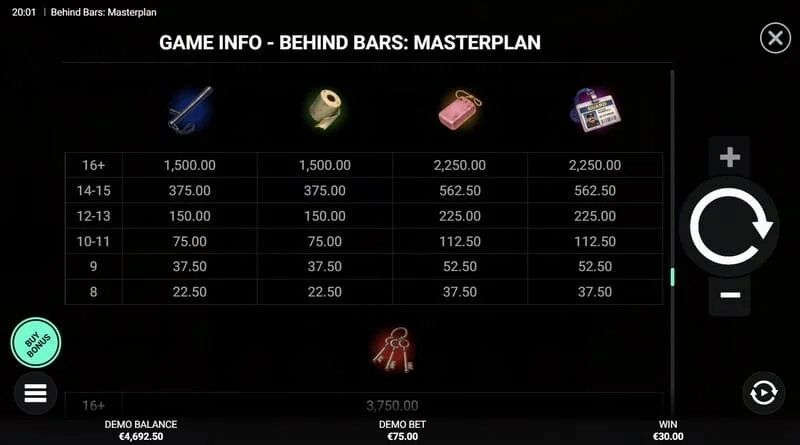 Behind Bars Masterplan - scherm met Instant Win directe uitbetaling