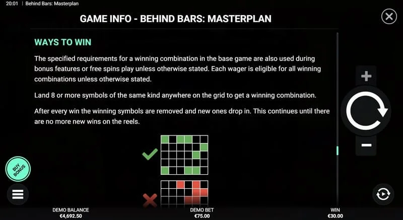 Behind Bars Masterplan - overzicht van winnende lijnen en combinaties